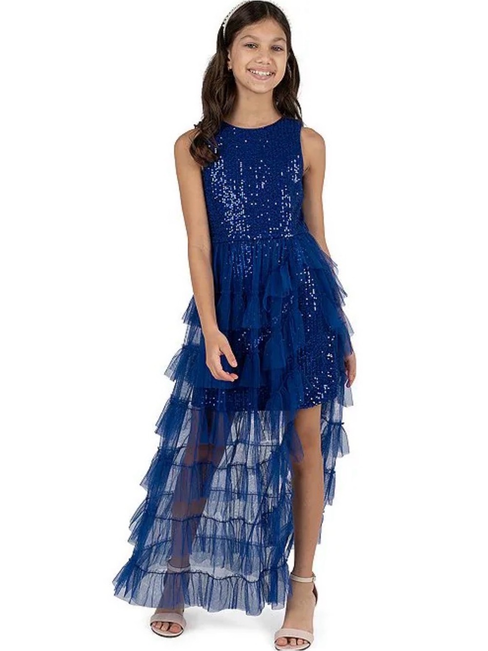 RARE EDITIONS Girls Navy Sequin Tiered High-Low Dress Size 12, NWT